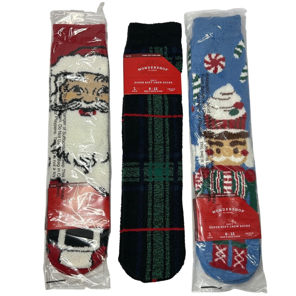 Christmas Super Soft Crew‎ Socks 3 Pair Holiday Santa Plaid Candy Cane Size 6-12